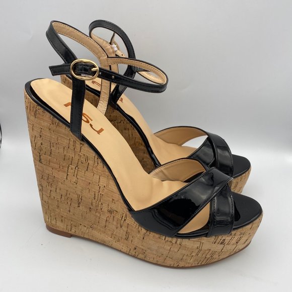 ❤Sold❤Black Platform Strappy Open Toe Cork Sandal - Picture 2 of 6